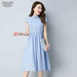 ヴィンテージの綿と麻の縞模様の半袖女性のドレス夏のグリーンアプリコット青いカジュアル緩いミッドカーフレディードレス4960 50 210527