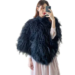 Real Ostrich Leather Fur Cape Elegant Collar Poncho Autumn Winter Women Black Fluffy Pullover Shawl C206 H0923