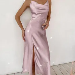 Casual Dresses Satin Sexy Midi Length Party Club Dress Sling High Split Low Cut A Line Female Elegant Vestidos 2021