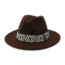 ワイドブリム帽子Fedora Hat Men Rome Hand-Knited装飾フェルト人工的なウールのブレンドウィンターボウラーレディジャズ