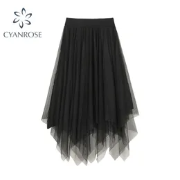 Vintage Black Tulle Skirt Kvinnor Höst Mode Koreansk Casual Elastisk Hög Midja Kvinna A-Line Pläterad Hem Mesh Tutu 210515