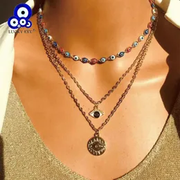 Lucky Eye Turkish Evil Pendant Halsband Guldfärg Alloy 3 Layer Neck Chain för Kvinnor Flickor Mode Smycken LE682 Halsband