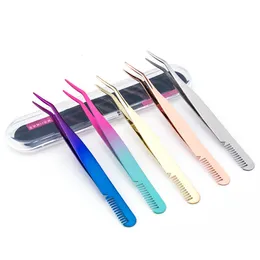 Wholesale Colorful Eyelashes Tweezer Multifunctional Eyelash Curler Eyebrow Comb Stainless Steel 3D False Lashes Extension Makeup Tool