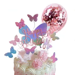その他のお祝いパーティー用品1セットグラデーション順序バタフライケーキトッパーローズゴールド紙吹雪バルーン装飾ウェディングキッズカップケーキ