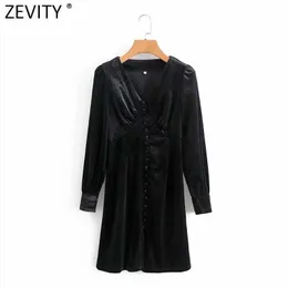 Zevity Women Vintage V Neck Fasckles Velvet Slim Mini Dress Lady Plays Side Side Side Zipper Chic Business Vestido DS4769 210603