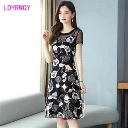 LdyrrwQy Korean Moda Temperament Sexy Szyfonowy Drukuj Slim Okrągły Dress Neck Sukienka Poliester Biuro Lady 210416