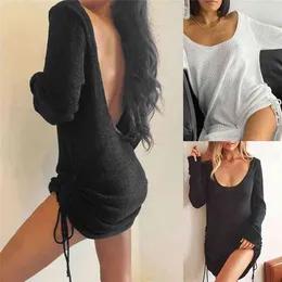 Sexig Backless Sweater Klänning Kvinnor Höst O-Neck Långärmad Fast Färg Loose Shrymages Drawstring Lace Up Mini Dresses Vestidos 210630