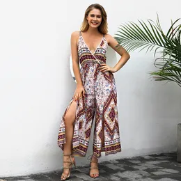 Koronki Splitty Backless Pasek Kombinezony Damskie Boho Beach Slit Długie Spodnie V Neck Calerasy Kwiatowy Druku Czeski Jumps 210415