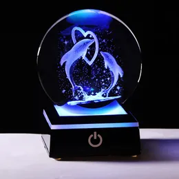 Novelty Items 8cm 3D Laser Engraved Pair Of Dolphin Figurine Model K9 Crystal Ball With Colorful Led Base Ornaments For Home