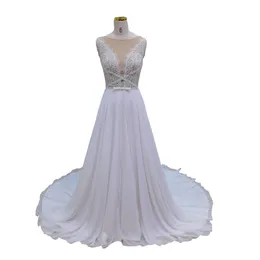 2022 Enkel Bohemian Bröllopsklänning Chiffon Lace A-Line Sheer Cap Sleeve Jewel Pearls Zipper Boho Bridal Dresses Women Country
