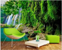 壁紙WDBH注文PO壁画3D壁紙山の滝緑の森の風景の装飾の壁のための居間のための壁