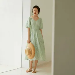 Fansilanen Biuro Lady V-Neck Szyfonowa Długa Zielona Sukienka Kobiety Lato Tekstura Dorywczo Spódnicy Linii Suknie Dla 210607