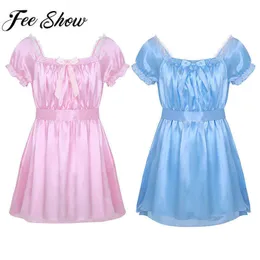 Mens Sexy Costumes Lingerie Plus Size Short Sleeve Shiny Soft Satin Crossdress Lingerie Dress For Male Sissy Lace Nightwear Y19070302