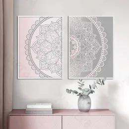 Gradient rosa grå mandala abstrakt duk affisch boho vägg konsttryck målning dekorativa bild modern vardagsrum dekoration 210705