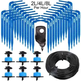 Irrigazione a goccia per serra 4 vie 2L 4L 8L 3/5mm Tubo flessibile Kit gocciolamento Giardino Prato Vaso Irrigazione Bend Dripper Sprinkler Trasmettitore 210809