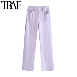 TRAF Donna Chic Fashion Faux Leather Pantaloni a gamba larga Vintage Vita alta Zipper Fly Pockets Pantaloni femminili Mujer 210415