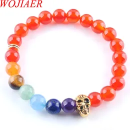 WOJIAER 8mm Red Agate Stone Round Beads Ghost Head Strands Bracelets 7 Chakra Healing Mala Meditation Prayer Yoga Women Jewelry K3235