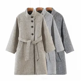 Jesień i zima Temperament Stand-Up Collar Design Button Button Koronki Sprawdź Woolen Średniej długości płaszcz 210521