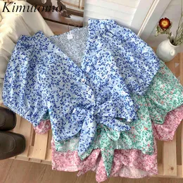 Kimutomo färg matchande blommig tryck blus kvinnor v-hals singel breasted puff hyle kort båge skjorta koreansk chic sommar 210521