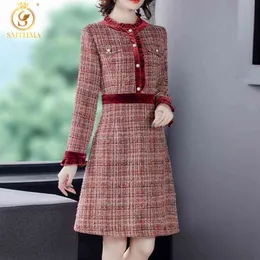 Höst och vinter Kvinnor Vintage Tweed Woolen Red Dress Vestidos Ladies Velvet Patchwork Elegant Plaid Klänningar 210520