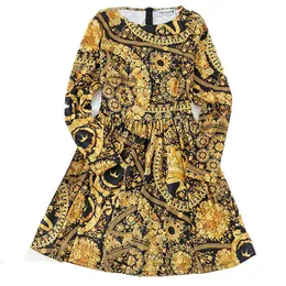 Kvinnor Guld Vintage Barock Print Dress O-Neck Långärmad Empire Mini Elegant Gul D2529 210514