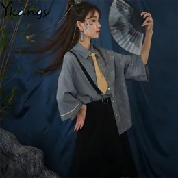 Harajuku 2pcs sets vintage shirt with tie+irregular Mesh stitching Long skirt Women Chinese Autumn Embroidered Hip Hop Suits 210421