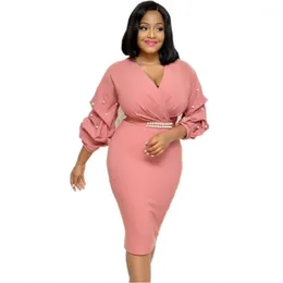 Casual Dresses Long Sleeve Pink Pencil Skirt African Women's Fashion V-Neck Beaded Wave Sleeves High Waist Slim Dress Sexy Mid-Length