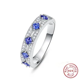 Cluster Rings Genuine 100% 925 Sterling Silver Blue Sapphire Anniversary Wedding Bridal Finger Fine Gift Brand Jewelry