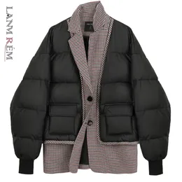Lanmrem Zima Coller-Down Collar Plaid Patchwork Single-Breasted All-Mecz Stree Wear Black Cotton Padded Jacket 2A2947 210923