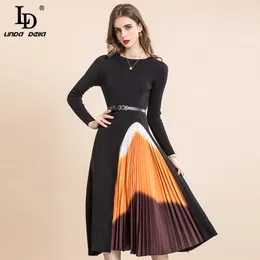 LD Linda della bahar autum moda pist vintage elastik örme elbise kadınlar uzun kollu patchwork pilili zarif midi elbise x0521