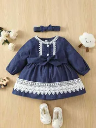 Baby Contrast Guipure Lace Bishop Sleeve Belted Dress & Headband SHE