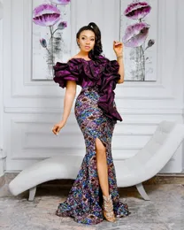 Glitter Kolorowe Suknie Wieczorowe Aso Ebi EBI Handmade Kwiat Ruffles Satin Plus Size Kobiety Prom Party Szlafroki Suknie