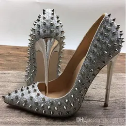 Silver Rivets Red Bottom Thin Heel Women Shoes Needle Rivet Pointy Toes Red Sole High Heels Pump Sequin Glitter 10 cm 12 cm 8cm 33-45 Wedding Dress Shoes