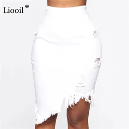 Liooil Asymmetric Cotton Black White Hole Denim Midi 스커트 Tassel Streetwear 높은 허리 씻어 고민 여성 바디 콘 스커트 210401