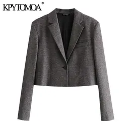 KPYTOMOA Women Fashion Single Button Cropped Check Blazer Coat Vintage Long Sleeve Female Outerwear Chic Veste Femme 210930