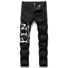 High Street Color Letter Print Jeans Men Black Stretch Comfortable Jeans Pants Men Slim Fit Hip Hop Club Dance Jeans Trousers X0621