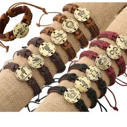 12pcs/lot Fashion 12 Zodiac Signs Leather Constellations Charm s Adjustable Bracelet Bangle Cuff Jewelry
