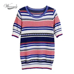 Summer Knitted Striped Top High Quality Women's O-Neck Short Sleeve T Shirt Female Pullover Tops B-120 210623