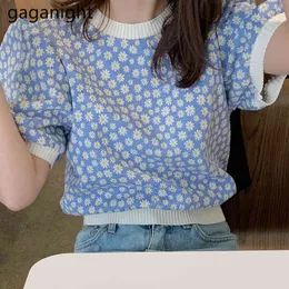 Gaganight Doce Mulheres Malha Flower Tshirt Little Daisy Summer Fashion Lady Camisetas Chic Coreano All Match Drop 210519