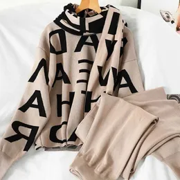 Women's High Quality Knited Letter Sweater + Pants+Cape Long Scarf 3Pcs Suits Knit Pullovers Cappa Wraps Wide Leg Trousers Sets 210930