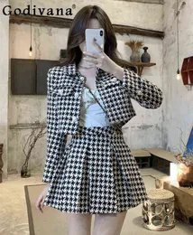 Fashion Socialite Houndstooth Skirt 2-Piece Suit Women Retro Autumn Winter Plaid Coat+High Waist Pleated Skirt Two-Piece Set 211119