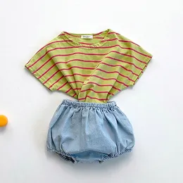 Korean style baby girls loose clothing sets oversized striped short sleeve T shirt with cute denim shorts 0-2Y 210508