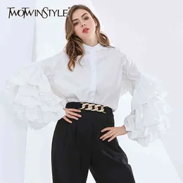 Twotwinstyle tkane koszule dla kobiet Stojak Kołnierz Latarnia Z Długim Rękawem Patchwork Ruffles Designer Casual Bluouses Kobieta 210517