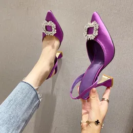 Sandals 2021 Green Purple Women Pumps Satin Pointy Toe Rhinestone Crystal High Heels Ladies Shoes Slip On Wedding Sandal