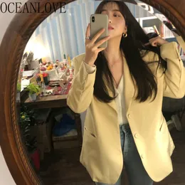 Amarelo Mulheres Blazers Doce Coreano Outono Roupas Elegante Escritório Lady Ropa Mujer Trabalho Mujeres Abrigos 17420 210415