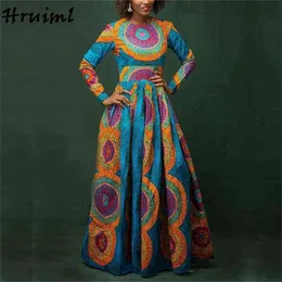 Moda abiti africani per le donne Autunno Stampa manica lunga O collo Plus Size Maxi vita alta Big Swing Vestidos 210513