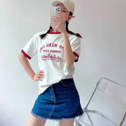 レタープリントレディースTシャツ半袖カジュアル夏ティーフェムムヴィンテージ90年代パッチワーク服レディシンプルトップスMujer 210527