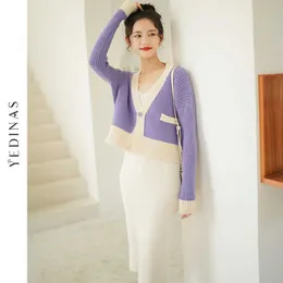 Yedinas Sexy Autumn Winter 2 Piece Set Knitted Sweet Patchwork Women Two Outfits Long Sleeve Cardigan Slim Sweater Dress 210527