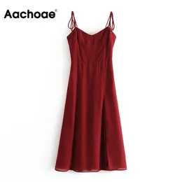 Mulheres Sexy Spaghetti Strap Split Sem Mangas Sem Encostos Partido Midi Dress Ladeis Um Linha Chic Vinho Vermelho Vestidos Verão 210413