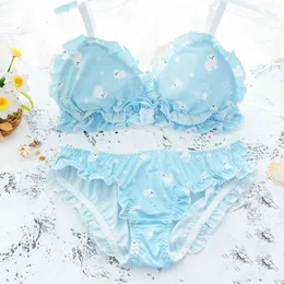 Polar Bear Cute Japanese Bra & Panties Set Wirefree Soft Underwear Sleep Intimates Set Kawaii Lolita Color Sky Blue Bra Set Q0705